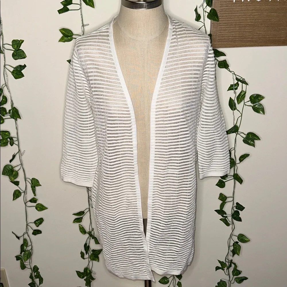 Chico’s “Shadow Stripe Front Cardigan” Sheer White 3/4 Sleeve Mid Length NWT